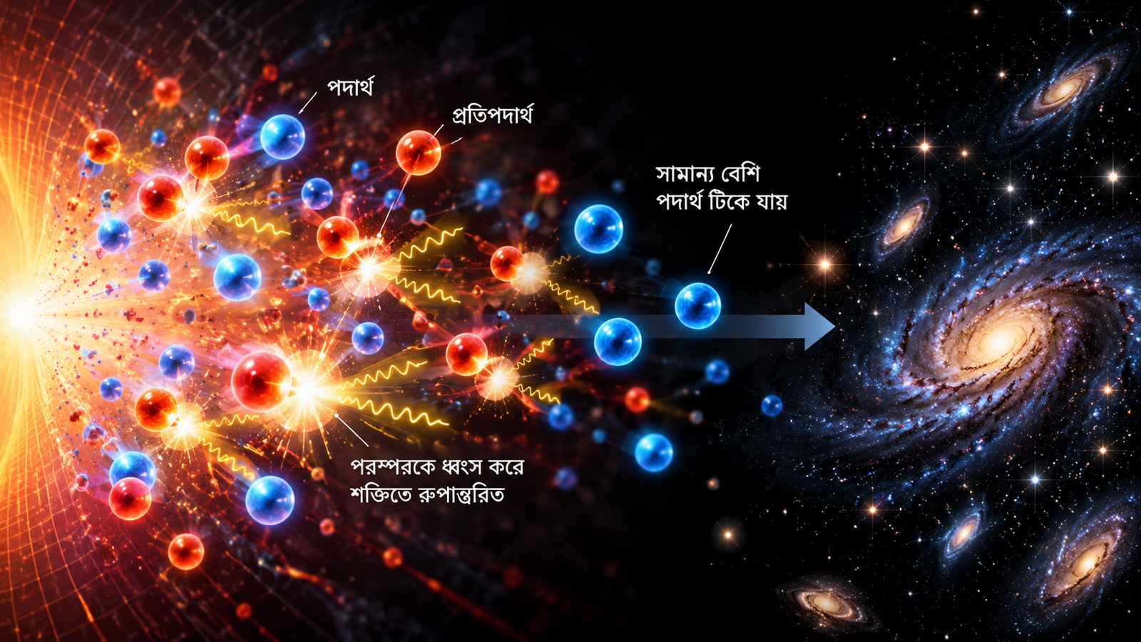 মহাবিশ্বের প্রাথমিক পর্যায়ে নীল পদার্থকণা ও লাল প্রতিপদার্থকণার সংঘর্ষে শক্তি নির্গমনের চিত্র; পারস্পরিক বিনাশের পর সামান্য বেশি পদার্থ টিকে থেকে পরবর্তীকালে ছায়াপথ গঠনের ধারণা দেখানো হয়েছে।
